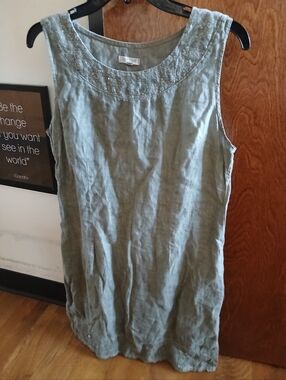 LINA TOMEI sage green sequin linen shift mini dress